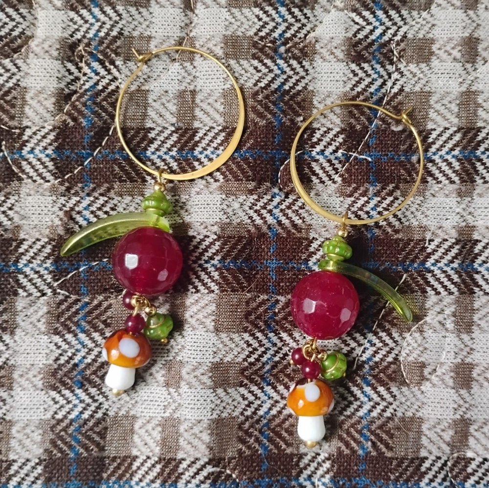 Handmade 'Happy Fruit' Ruby And Mushroom Earrings